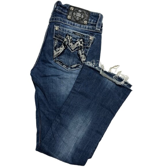 Miss Miss Women’s 28x30 Blue Denim Jeans Bootcut Embroidered Stretch Cut Off - Picture 1 of 8